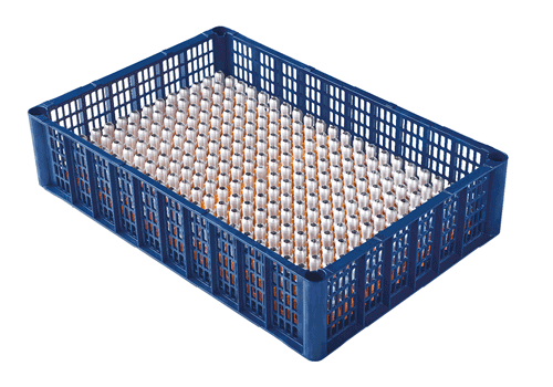 produkt-tech-rack-custom Befüllter Reinigungskorb tech-rack custom aus Kunststoff für automatisierte Fertigungsabläufe