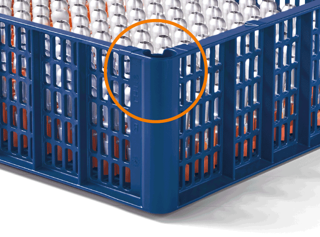 tech-rack custom reinigungskorb mit patentierter Eckkonstruktion für vollautomatisiertes Roboterhandling