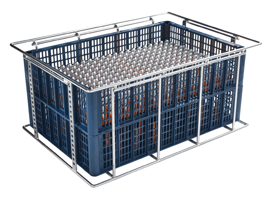 tech-rack custom Reinigungskorb aus Kunststoff im Fachhordengestell